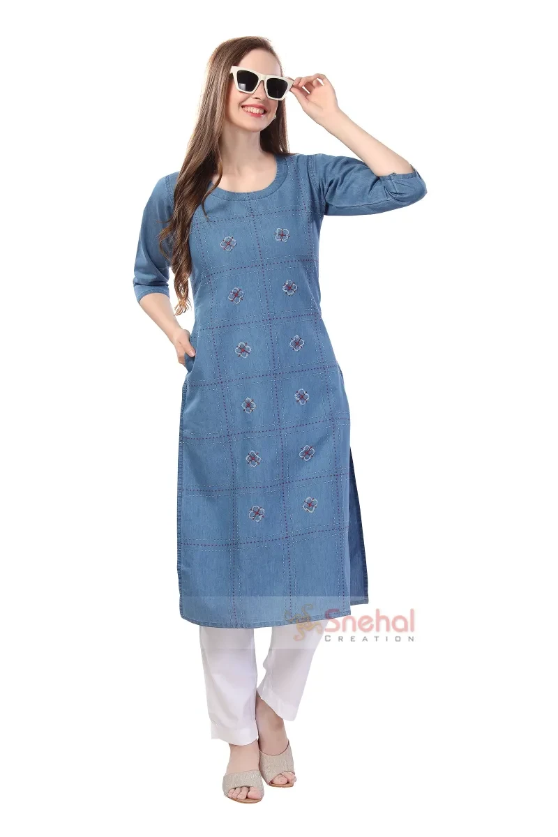 Designer Denim Long Kurti With Patchwork And Thread Work